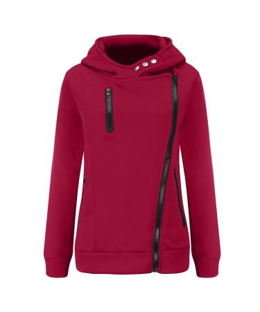 Bigfanshu Women's Sweatshirts Casual Zipper Patchwork Hooded Autumn Winter Warm Long Sleeve Loose Pullover Red