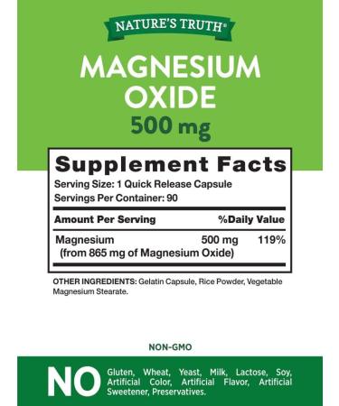 Nature's Truth Magnesium Oxide 500mg Capsules - 90 Count | Non-GMO Gluten Free Supplement - Buy Online on GoSupps.com