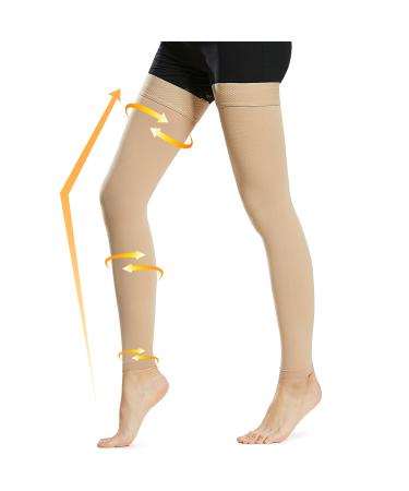 Beister 15-20 mmHg Compression Stockings for Women & Men Thigh High Medical Footless Graduated Compression Sleeves with Dot Silicone Band Support Pressure Socks for Varicose Veins Edema DVT Beige XXL
