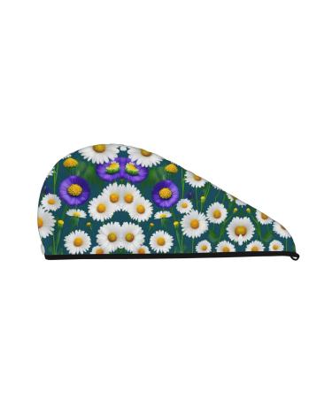 Wild Flowers and Daisies Coral Velvet Dry Hair Cap Caps with Buttons for Drying Curly Long & Thick Hair Anti Frizz