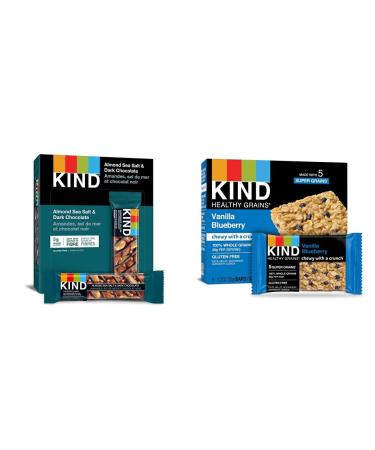 KIND Bars Dark Chocolate Nuts & Sea Salt Gluten Free Low Sugar 40 Grams 12 Count & Healthy Grains Bars Vanilla Blueberry Gluten Free 35 Grams 5 Count