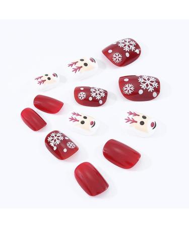 Brishow Christmas Snow Elk Press on False Nails - Red Short Square Fake Nails for Women & Girls (24pcs) - Buy Online on GoSupps.com
