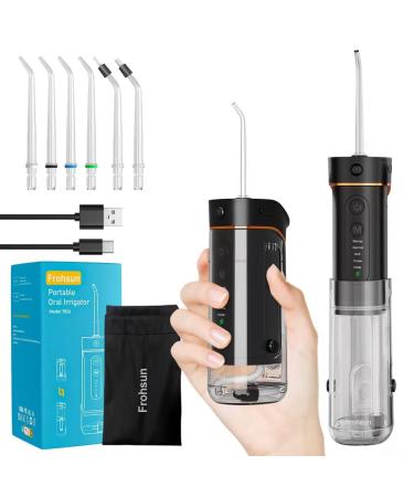Frohsun Retractable Water Dental Flosser Cordless Oral Irrigator for Dental&Oral Health 5 Pressure Modes for Kids&Adults 6 Tips IPX7 Waterproof Low Noise Rechargeable Dental Flosser for Home&Travel Black