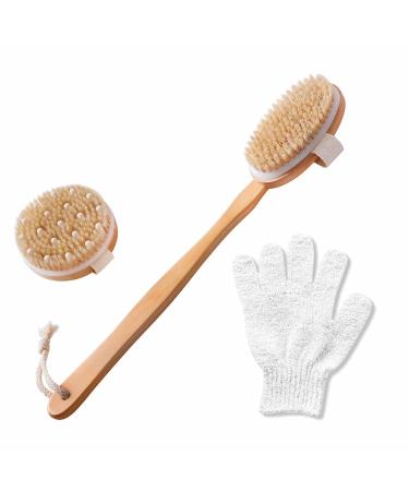 Dry Brushing Body Shower Brush - Detachable Long Handled Scrub Brush for Lymphatic Drainage Showering Back Bath Brush Set for Dry Brushing Natural Body Brush with Exfoliating Glove for Women & Man