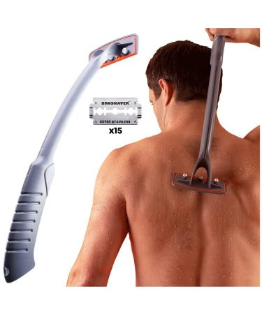 BRO SHAVER, Back Shaver for Men (DIY) Back & Body Hair Trimmer. Shave Wet or Dry. No Expensive Refills - Uses Double Edge Razor Blades. 15 Blades Included. Ergonomic Handle Large