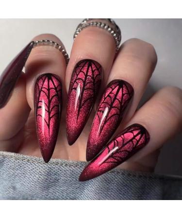 Halloween Press on Nails Long Almond Halloween Fake Nails Full Cover Black Spider Web Halloween Glue on Nails Red Halloween Long Stiletto Nails Press ons for Women Finger Decorations 24Pcs designs1