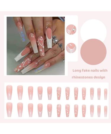 FOAMEE Long Coffin Glitter Sequins Press on Nails - Pink Heart Design | Rhinestone False Nails for Women - Buy Online on GoSupps.com