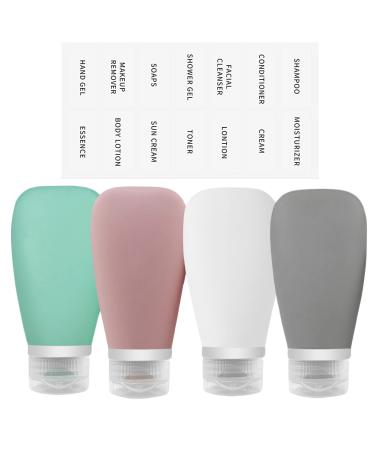 Travel Bottles for Toiletries 90ml 4 Pack Silicone Travel Toiletries Portable Travel Containers Set Leak Proof Refillable Squeezable Silicone Bottle for Liquid Shampoos Soap and Cosmetic Single