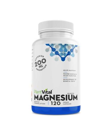 PlantVital Magnesium Glycinate 200mg Capsules - Magnesium Bisglycinate Supplement- Sleep Support Normal Heart Health and Muscle Mass - Vegan -120 Count 120 Count (Pack of 1)