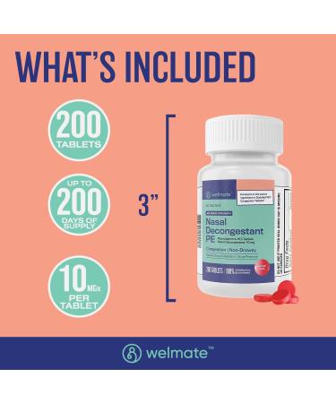 WELMATE Nasal Decongestant PE 10mg - Maximum Strength Sinus Relief for Cold & Allergies - Non-Drowsy Antihistamine & Pain Relief - 200 Tablets - Buy Online on GoSupps.com