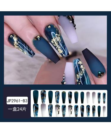 Dark Blue Marble Luxury Coffin Fake Nails - Glitter Wave Rhinestone Design for Women and Girls | Long Press-on Artificial Nails - Buy Online on GoSupps.com
