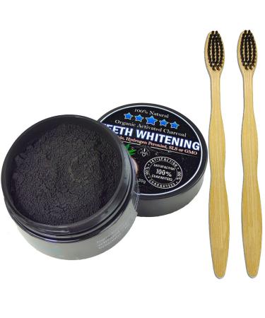 Charcoal Teeth Whitening Powder Natural Organic Activated Charcoal Bamboo Toothpaste with 2 Bamboo Toothbrushes - Freshens Breath gets Rid of Stains