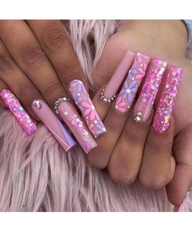 24Pcs Long Coffin False Nails Gold Glitter Sequins Designs Press On Full Cover Fake Nails Tips Wearable Manicure Art Accessories (Color : Red) - Buy Online on GoSupps.com
