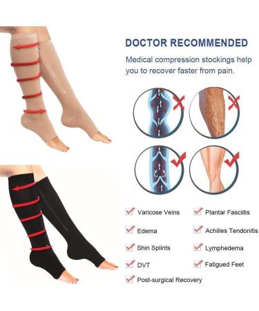 Amadon 3-Pair Compression Stockings with Zipper & Open Toe Knee Support for Diabetic & Pregnancy | Women's Skin Color L/XL - Buy Online on GoSupps.com