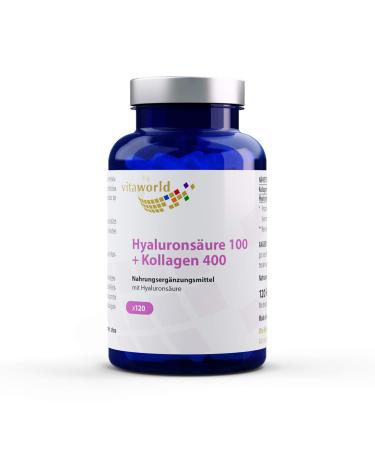 Vita World Pack of 3 Hyaluronic Acid 100 mg + Collagen 400 mg 360 Capsules Made in Germany
