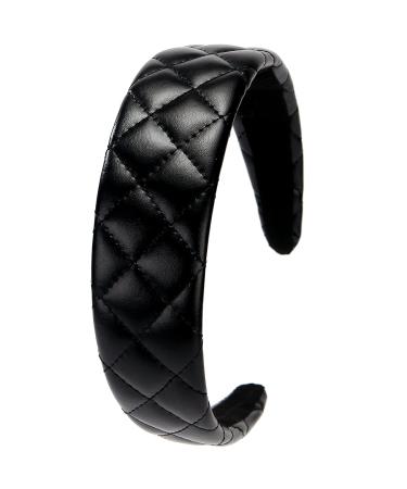 LONEEDY 1.7-Inch-Wide Headband Leather Checkered Pattern Padded Headband Hard Headband Hairband for Women and Girls Thick Hair (Black)