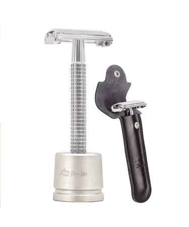 Safety Razor/shaver/shaving tool/Butterfly men's razor Kit Chrome Long Handle Butterfly Open Double Edge Safety Razor Men's Shaver (1 Razor 1 H3 Razor Stand and 1pc Genuine Leather Case)