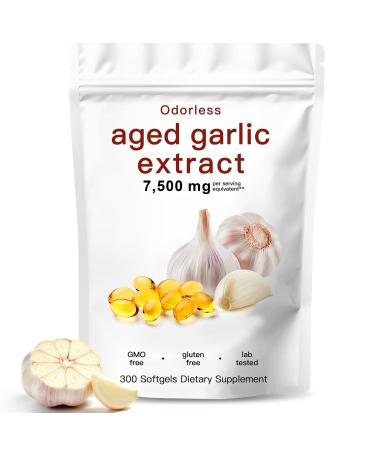 Aged Garlic Extract-300 Count 7500mg Odorless Organic Garlic Capsules Supplement for Heart & Immune Support Vegetarian Non-GMO All-Natural Softgels 2-Year Matured for Antioxidant Wellness