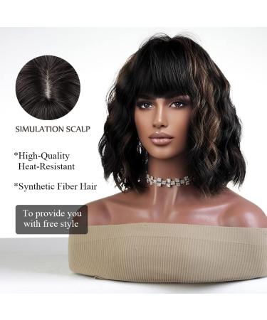 OUFEI Black Highlight Bob Wig for Women - Short Wavy Synthetic Hair Heat Resistant Daily Party Cosplay Wig - 13 Inches Dark Brown Highlight - Buy Online on GoSupps.com
