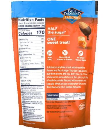 Blue Diamond Almonds Dark Chocolate Sea Salt Caramel Thin Dipped Covered Natural Almonds 4oz (Pack of 2) Bundle With a Snack Scout Lunch Bag - Buy Online on GoSupps.com