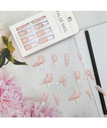 French Long Pink Coffin Fake Nails with Flower and Rhinestones - 24pcs | Press on Nail with Jelly Stickers | Ballerina Nail Tips for Women Girls - Trendy Nail Decor - Buy Online on GoSupps.com