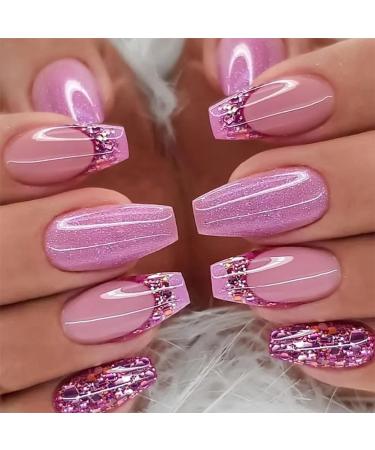 Medium Press on Nails Purple Glitter Fake Nails with Glossy Crystal Designs French Full Cover False Nails Artificial Acrylic Nails for Women Stick on Nails with Glue on Static Nails (24PCS)