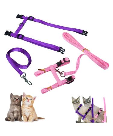 Morices 2 Pack Cat Harness and Leash Adjustable Comfortable Nylon Pet Strap Collar with Leash Escape Proof Safety Rope Leads Chest Strap for Kitten Puppy Rabbits Walking Training (Pink & Purple) Pink+Purple