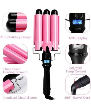 Triple Barrel Curling Iron Wand with LCD Display - 1 Inch Ceramic Tourmaline, Dual Voltage, Adjustable Temperature - Portable Hair Crimper for Fast Heating - Buy Online on GoSupps.com