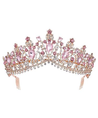 Girls Sweet 16 Homecoming Crown Rose Pink Rhinestones Baroque Quinceanera Prom Ball Hair Accessory Rose Gold Pink Blue Rose Gold White Green Red Pink