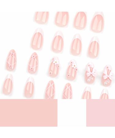 Buy BABALAL Medium Almond Press on Nails - White French 3D Flower Bow Charm 24Pcs Stiletto Acrylic Manicure - International Shipping Available - Buy Online on GoSupps.com