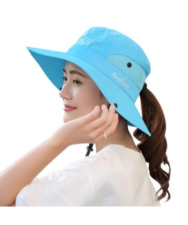 Womens Summer Mesh Wide Brim Sun UV Protection Hat with Ponytail Hole Pure Sky Blue