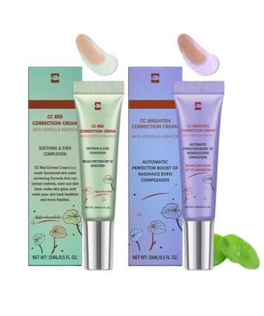 Color Correcting CC Cream - Centella Green and Purple Pigment Cream - Lightweight Foundation - Medium Coverage - Redness Reducing Face Makeup for a Glowing Complexion - Tone Perfecting Primer(2Pack)