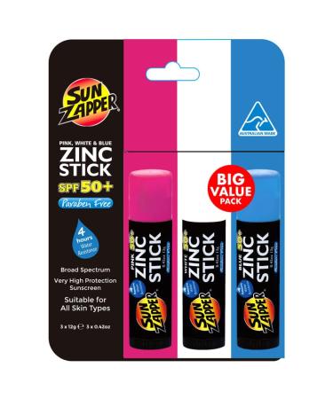 Sun Zapper Zinc Oxide Sunscreen - Pink  White & Blue - SPF 50+ Very High Sun Protection Waterproof Sunblock for Face & Body  Adults  Kids  Baby - Travel Stick