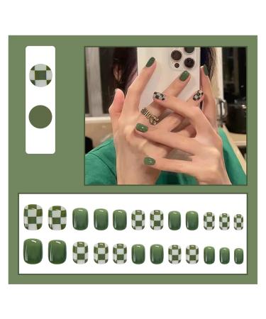24 Pieces Removable Artificial Nails - Short Green Grilles with Flower Stickers | Stylish Square Nail Tips for Effortless Beauty - Buy Online on GoSupps.com