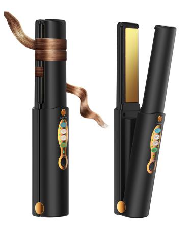 ISIX Cordless Hair Straightener and Curler 2 in 1 Pure Titanium Portable Mini Flat Iron Dual Voltage Heats Up in Seconds 3 Adjustable Temp for Thin Straight Fine Hair Travel Size Preferred Gifts Black