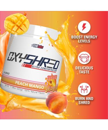 EHP Labs OxyShred Thermogenic Pre Workout Powder & Shredding Supplement - Preworkout for Men & Women Sugar Free Energy Powder with 150mg of Caffeine - Peach Mango 60 Servings - Buy Online on GoSupps.com