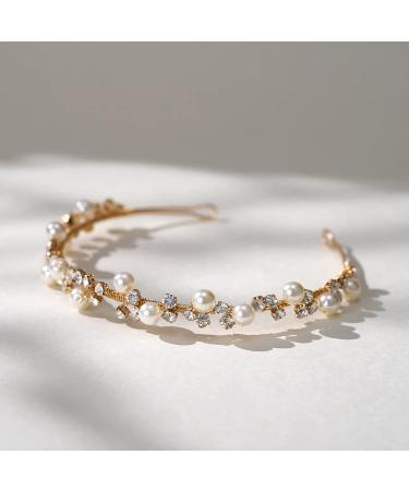 SWEETV Gold Pearl Tiara Headband for Women - Crystal Bridal Wedding Hair Accessory - Buy Online on GoSupps.com