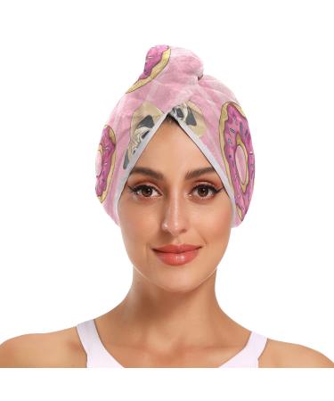 Pugs Doughnuts Hair Towel 2 Pack Super Absorbent Hair Drying Towel Quick Dry Hair Turbans Head Towel with Button Twisty Wrap for Women Girls