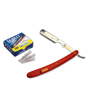 Stainless Steel Professional Barber Straight Edge Razor with 100 Lord Count Single Edge Razor Blades (Red)