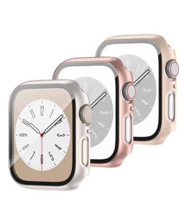 3 Packs Case for Apple Watch Series 3/2/1 38mm with Tempered Glass Screen Protector Hard PC Protective Bumper and Ultra-Thin Face Cover Compatible with Iwatch Series 3/2/1 38mm (3 Colors) 3 Packs(SandPowder + Starlight + RoseGold) 38 mm