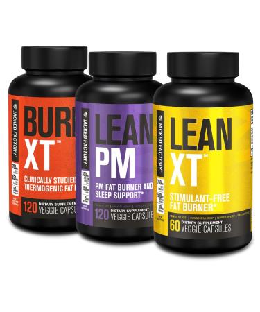 Jacked Factory Burn-XT Clinically Studied Thermogenic Fat Burner (120 Capsules) Lean PM Nighttime Fat Burner and Sleep Aid (120 Capsules) Lean-XT Caffeine-Free Weight Loss Supplement (60 Capsules)