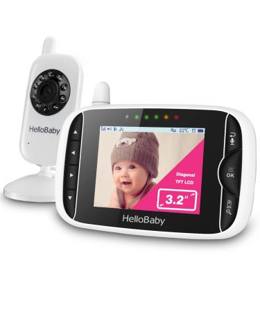Video Baby Monitor with Camera and Audio, 3.2Inch LCD Display, Infrared Night Vision, Two-Way Audio and Room Temperature Monitoring,Lullaby,Sound Activated Screen White 8.65 x 3.23 x 6.69 inch HB32