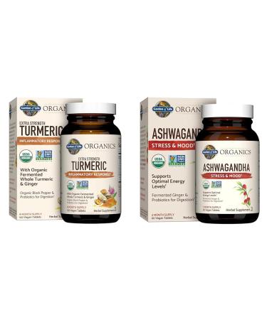 Garden of Life Organics Extra Strength 120 Tablets Turmeric Inflammatory Response with 60 Ashwagandha Stress Mood & Energy Support Tablets