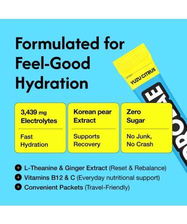 CLOOP HYDROBAE 3 439mg Electrolyte Powder Packets - Zero Sugar Yuzu Citrus Hydration Drink Mix with Korean Pear Extract L-Theanine Ginger Vitamins B12 & C (30 Sticks) - Made in Korea - Buy Online on GoSupps.com