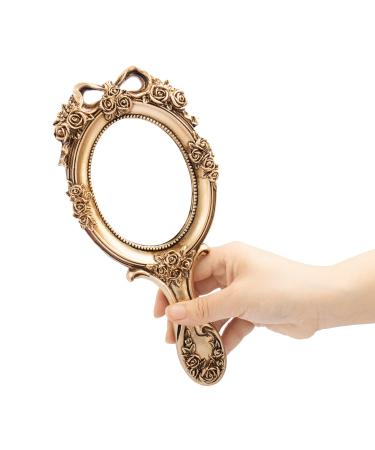 Rich Boxer Vintage Handheld Mirror Embossed Flower Hand Held Mirror Makeup Mirror Vanity Mirror Decorative Cute Hand Mirror (Bronze)