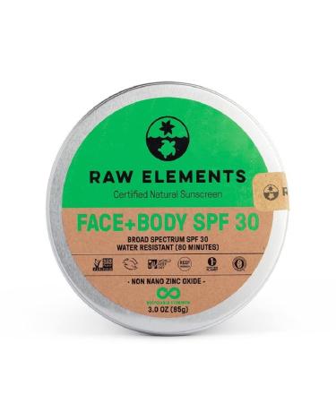 Raw Elements Face and Body All-Natural Mineral Sunscreen - Non-Nano Zinc Oxide  95% Organic  Water Resistant  Reef Safe  Cruelty Free  SPF 30+  All Ages Safe  Moisturizing  Reusable Tin  3oz 3 Ounce (Pack of 1)