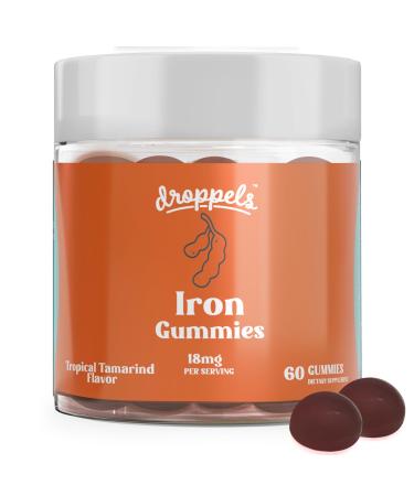 Droppels Iron Gummies 18mg for Women and Men Vegan Plant-Based Iron Supplement | Supports Energy & Blood Health | Pectin-Based Non-GMO Gluten & Gelatin Free | Tamarind Flavor 60 Count
