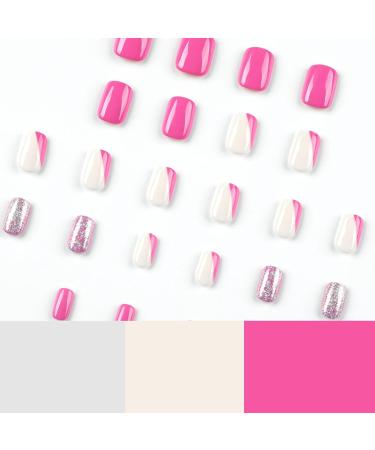 Mouyouglow Press On Nails - Short Square White Neon Pink Silver Glitter | Magenta Rose Red French Fake Nails with Glue | High-Quality AIrbrush Design - Buy Online on GoSupps.com