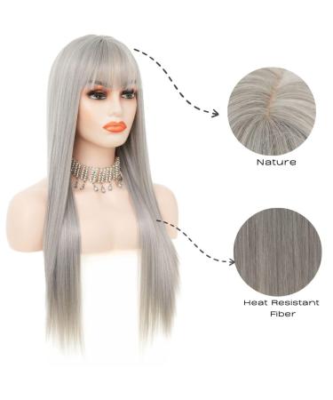 Siudus Women Grey Straight Long Wig with Bangs | Synthetic Heat Resistant Fiber for Daily Cosplay - International Shipping Available - Buy Online on GoSupps.com
