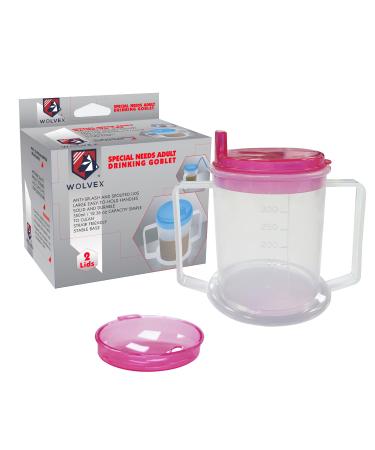 Wolvex Adult Drinking Cup Beaker with Handles & Anti Spill lids for Disabled Adults Dishwasher and Microwave Safe BPA PVC and Latex Free Pink